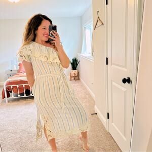 NWT Sea New York White Blue Striped Lace One Shoulder Maxi Dress Small